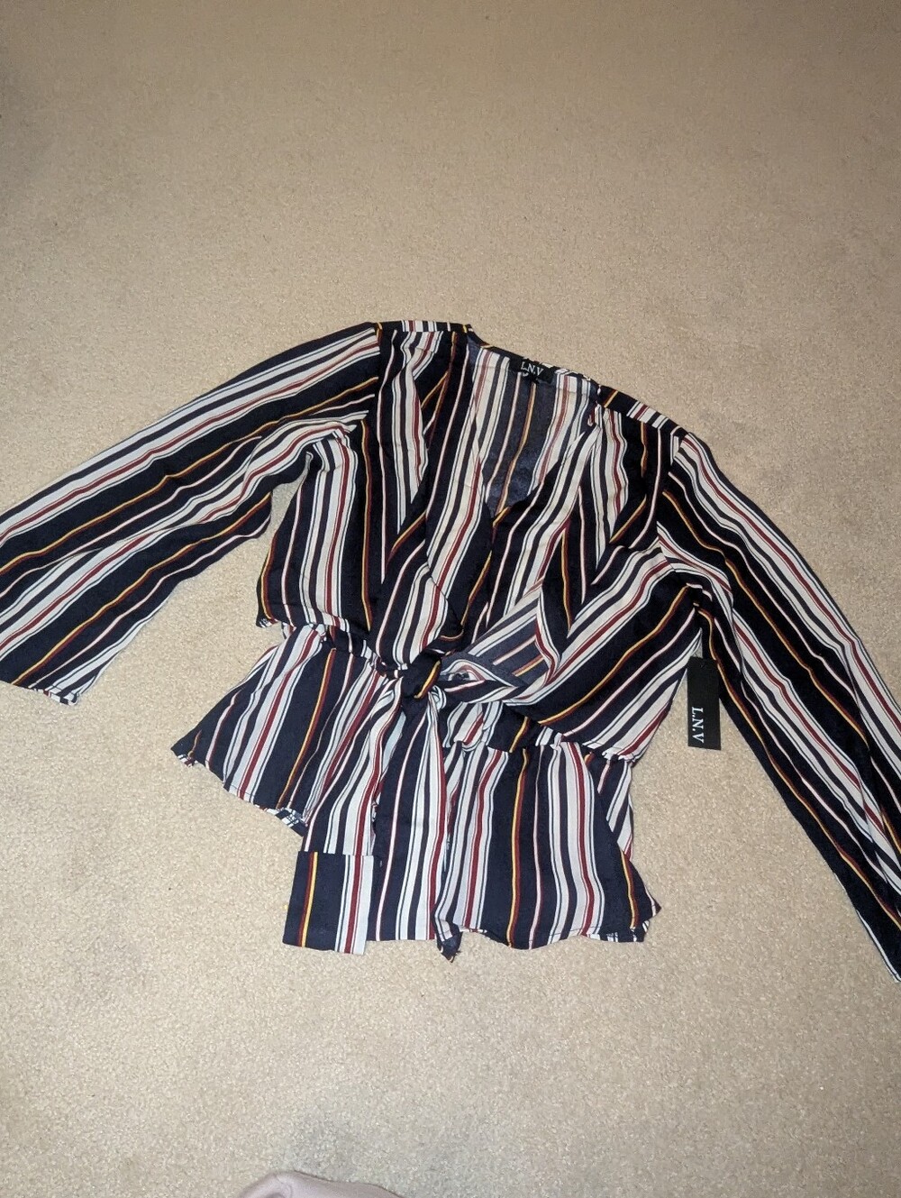 Nwt L.N.V. striped long-sleeve blouse with a tie-front detail sz M